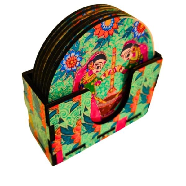 JB HOMEWARE Madhubani Coasters – Traditional 3.75 Inch Round Wooden Tea Coaster Set for Hot & Cold Drinks (Madhubani Art Girls)