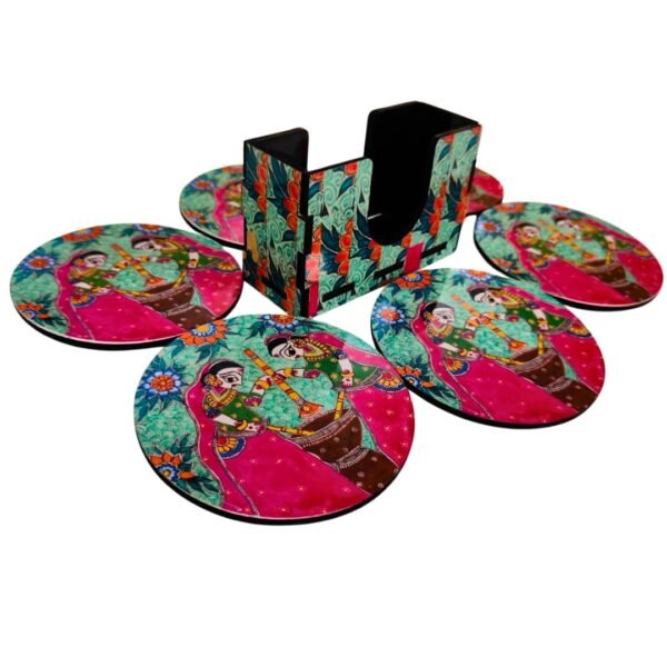 JB HOMEWARE Madhubani Coasters – Traditional 3.75 Inch Round Wooden Tea Coaster Set for Hot & Cold Drinks (Madhubani Art Girls)